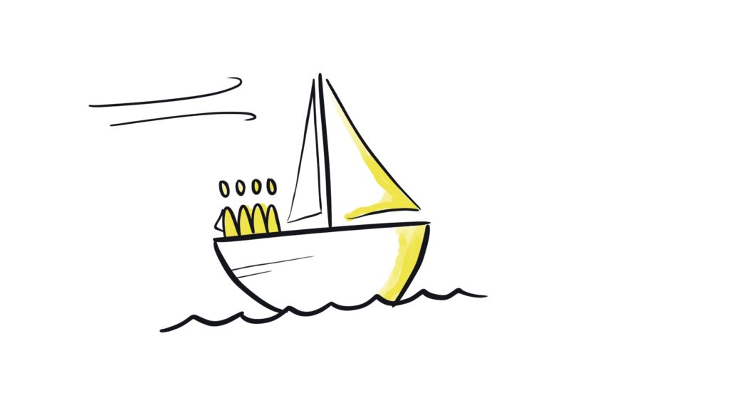 Un équipage qui avance ensemble Croquis d'un voilier poussé par le vent, avec un équipage à bord