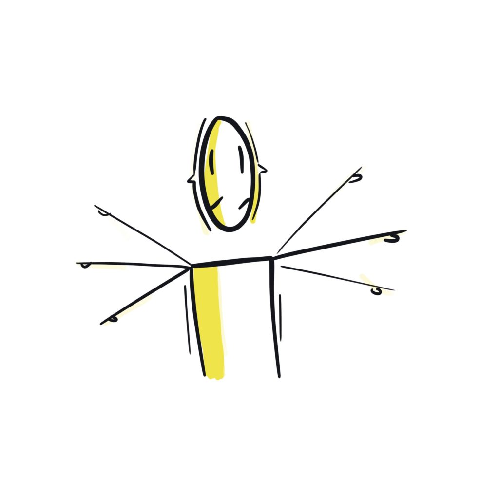 Décider de tout, dans toutes les directions Croquis d'un personnage dont partent des flèches dans toutes les directions