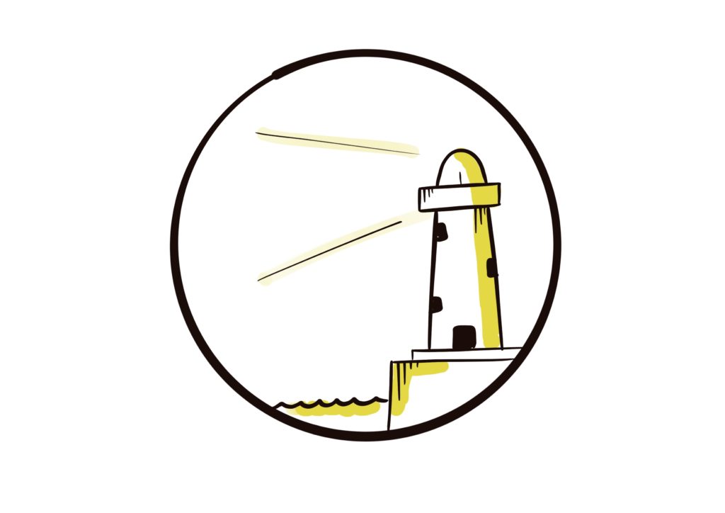 Croquis d'un phare dont le faisceau éclaire la mer, symbole du cap qu'une équipe de direction se fixe avant de construire son organisation