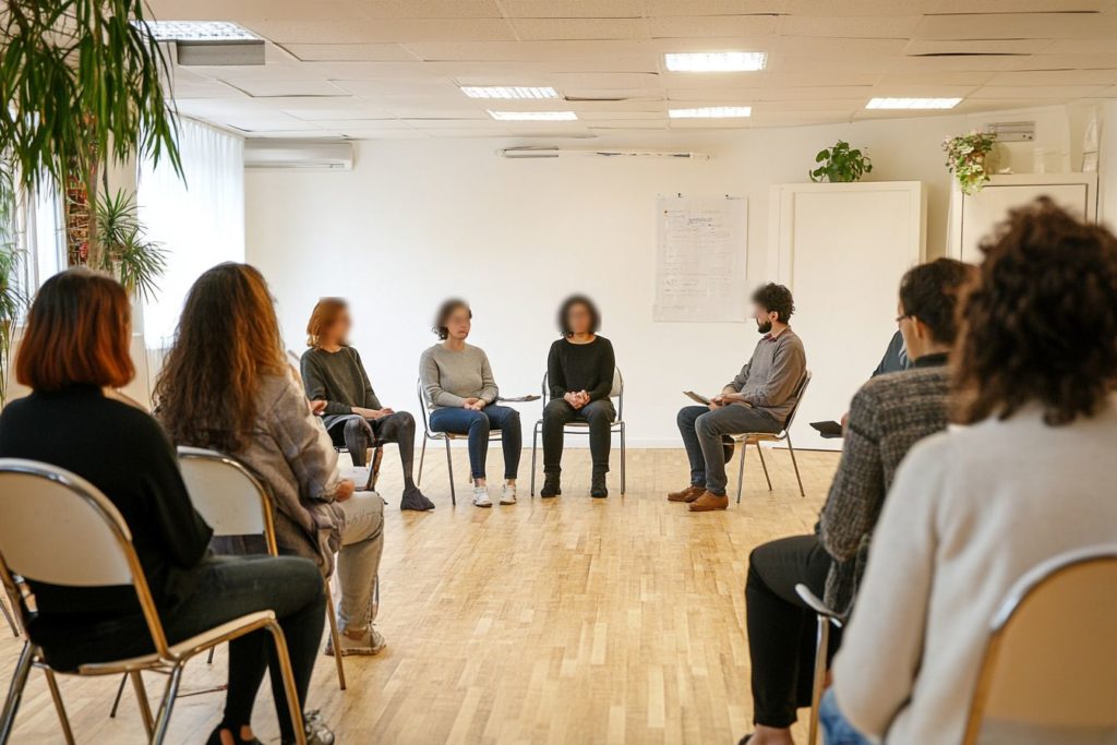 Échange collectif facilité en cercle dans une salle Participants assis en cercle dans une salle lors d'un échange collectif facilité
