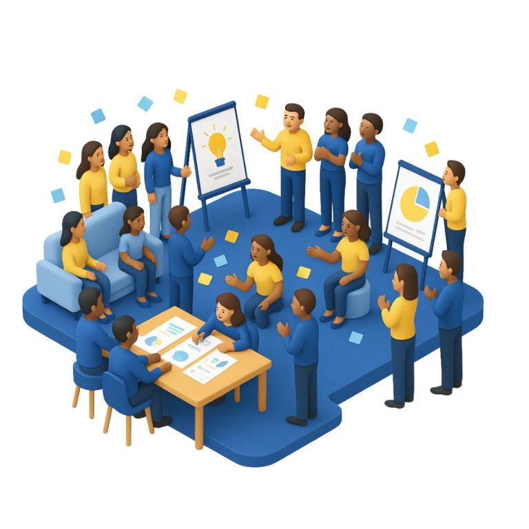 Illustration isométrique en bleu et jaune : une équipe réunie autour de tables et de tableaux de travail