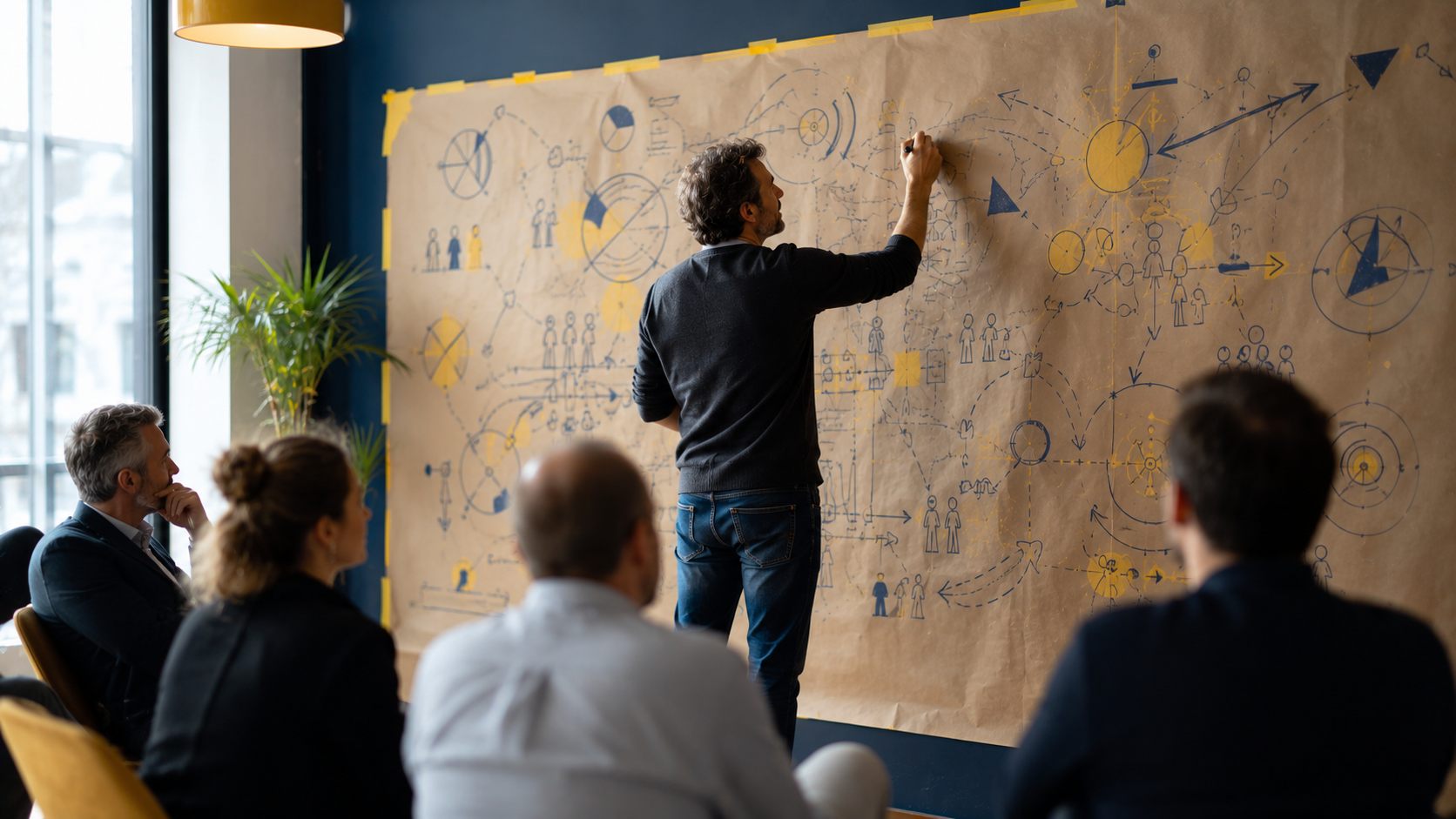 Facilitateur externe animant un atelier devant une fresque visuelle