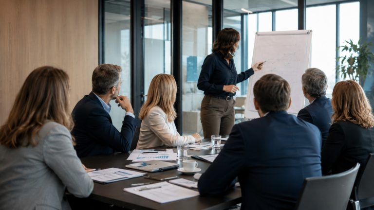 CODIR en mode automatique sortir de la zone de confort, réunion de direction sans visages visibles, cadres vus de dos autour d’une table, présentation graphique en salle moderne, 2026, format 16/9