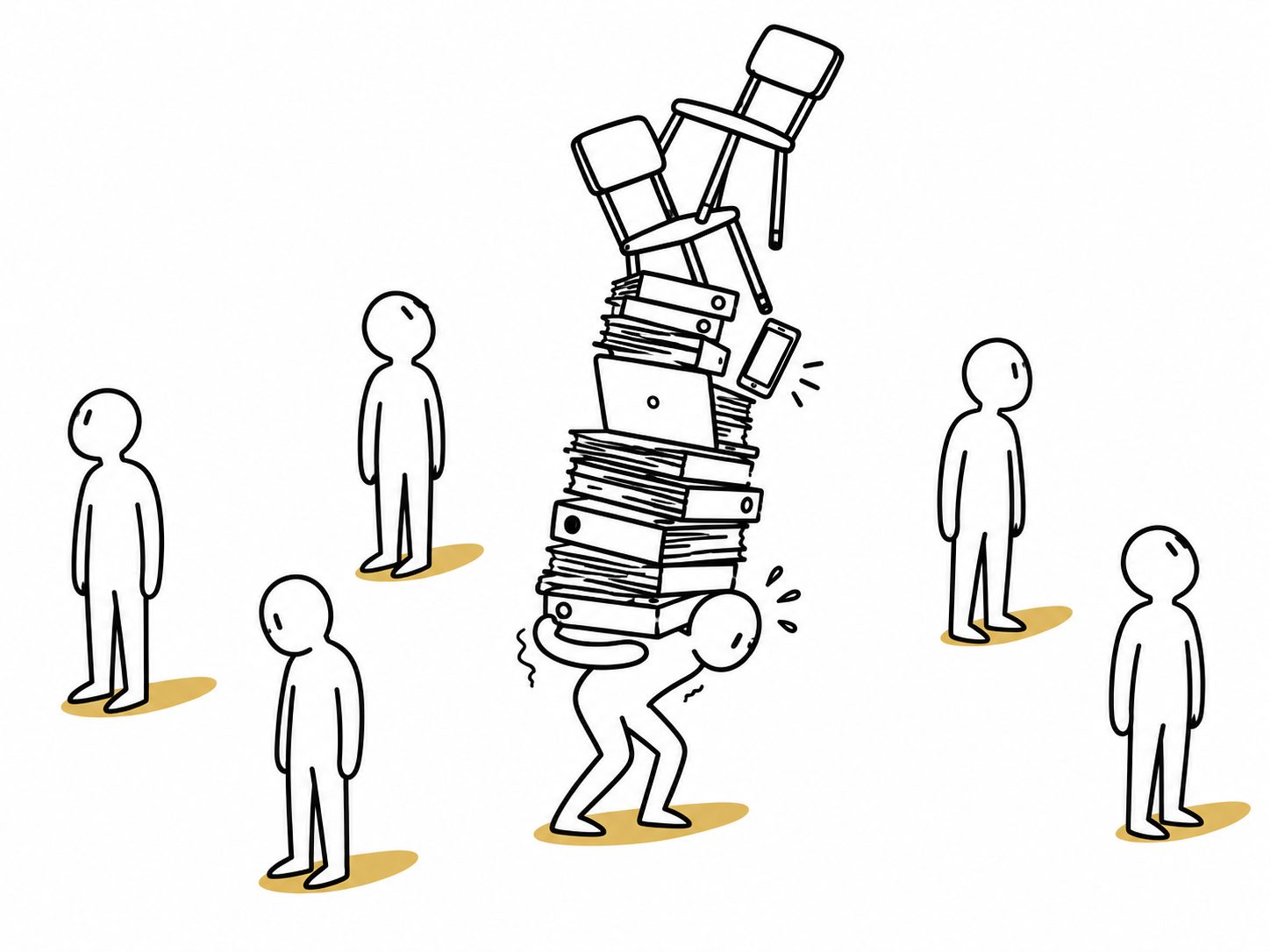 Dessin au trait : une personne ploie sous une pile de classeurs, ordinateur, téléphone et chaises, cinq autres la regardent sans bouger