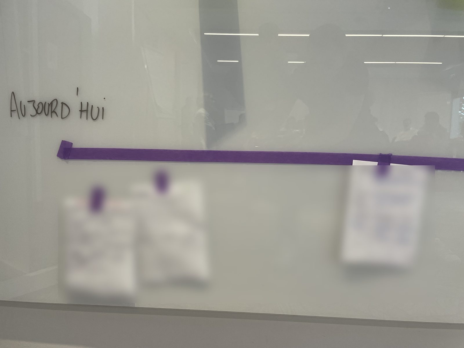 Frise « Aujourd'hui » au scotch violet, fiches action floutées (noms illisibles)