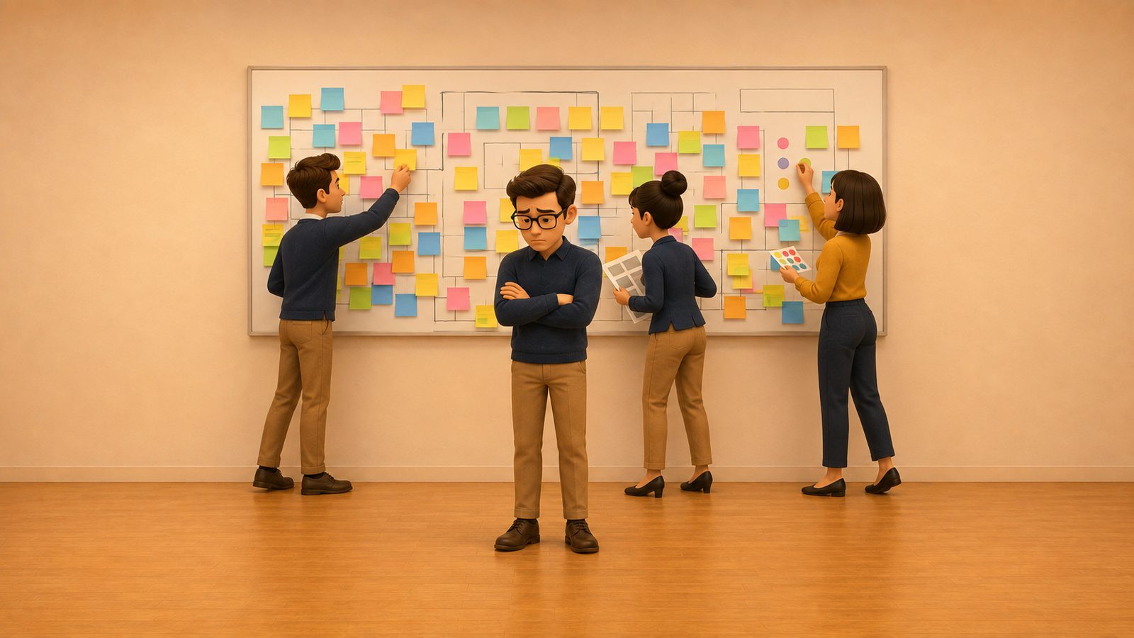 Fausses croyances en entreprise : trois collègues au mur de post-it, un quatrième reste bras croisés