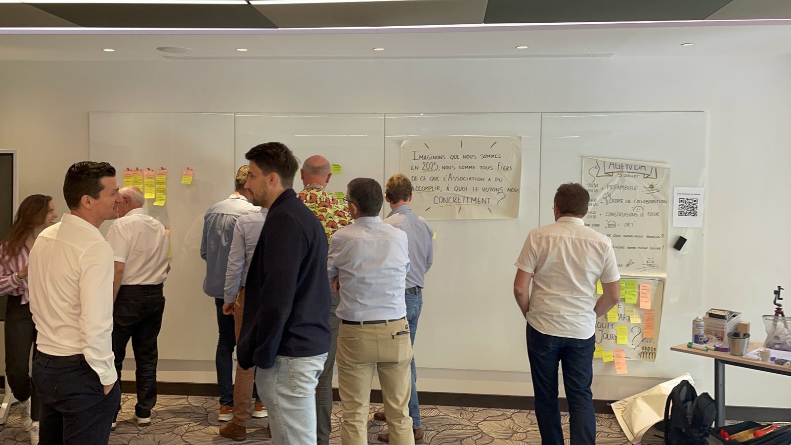 Injonctions paradoxales au travail : une équipe de direction devant un mur couvert d'affiches et de post-it